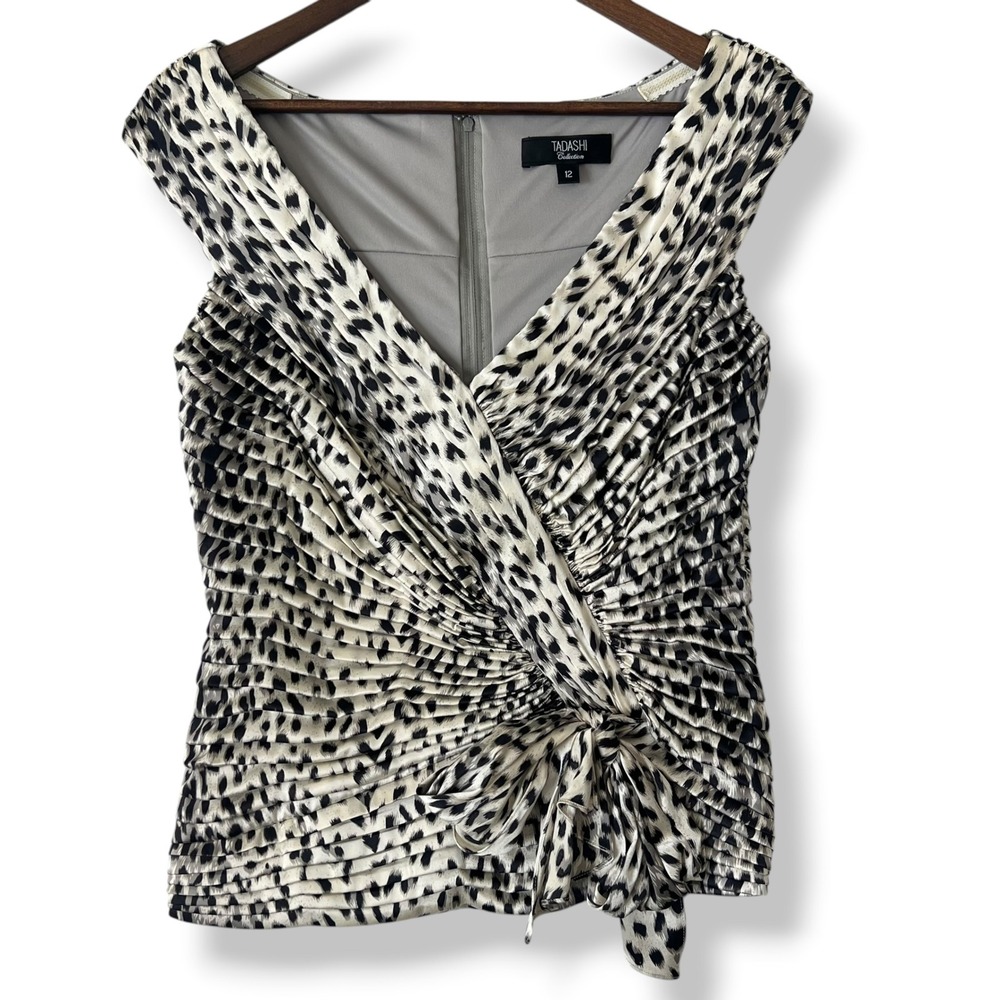 Tadashi‎ Collection Blouse 12 Cream Black Animal Silk Ruched Faux Wrap Mob Wife